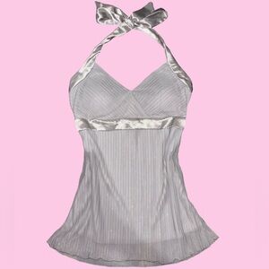 SPARKLY FLOWY SILK LIKE HALTER BABYDOLL TOP W RIBBON TIE NECK & RIBBON TIE WAIST